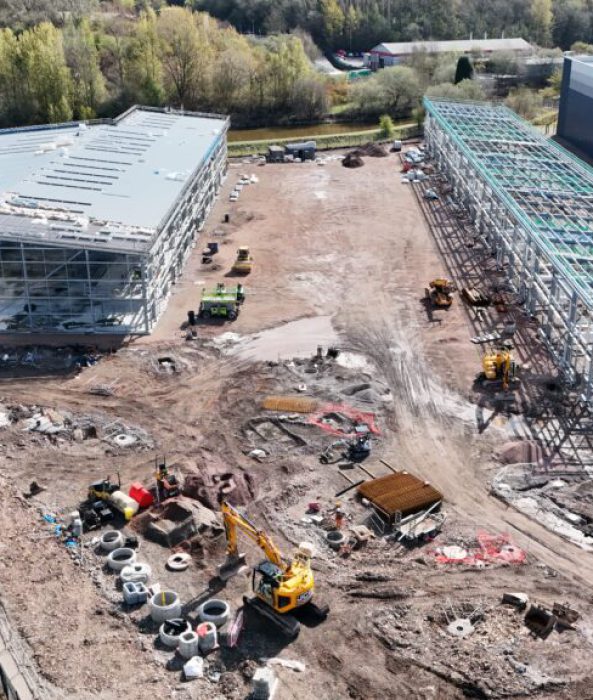 Aerial view of construction and groundwork for utilities infrastructure